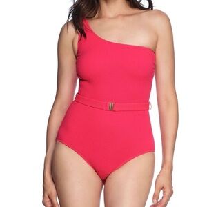 LOFT One-Shoulder Belted Swimsuit in Bright Pink, size M
